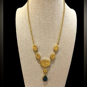 N160 NWT Gold and Blue Druzy Quartz Pendant Necklace